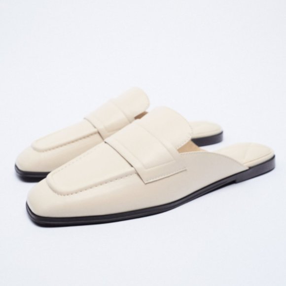 ZARA ECRU FLAT MULES WITH TOPSTITCHING DETAIL - Picture 1 of 10